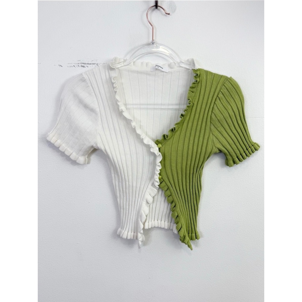 Peppermayo Colorblock Rib Knit Wrap Top Green White Ruffle Trim S/M